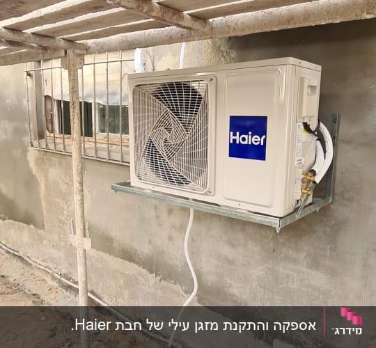 יחידת מיזוג אוויר חיצונית מותקנת על קיר בטון.
